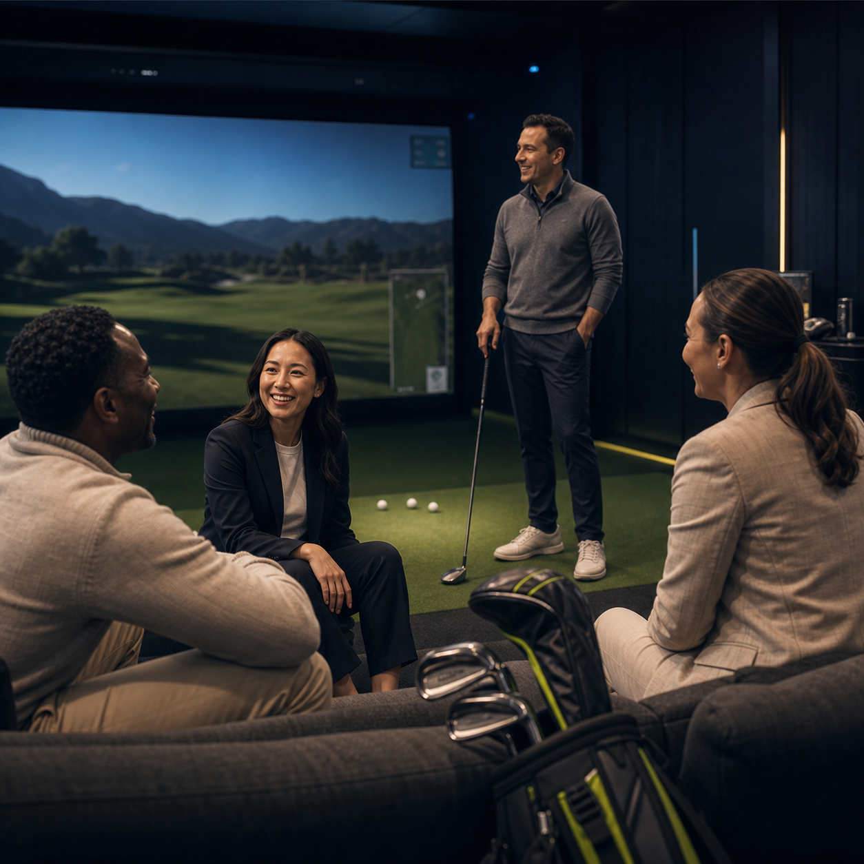 Business professionals connecting in a private indoor golf simulator bay